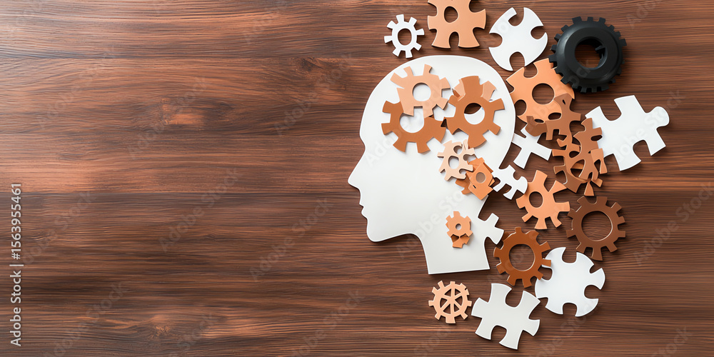 Poster creative representation of human head silhouette made from puzzle pieces and gears, symbolizing prob
