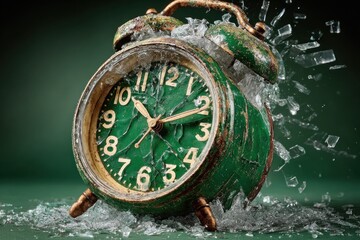 An old analog clock on a green surface is shattering, with shards of glass exploding outward as it breaks apart