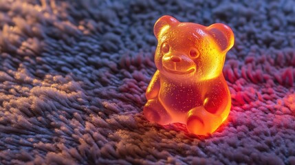 Gummy bear on arcade carpet, bacteria highlighted on both candy and surface.