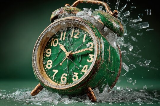 An old analog clock on a green surface is shattering, with shards of glass exploding outward as it breaks apart