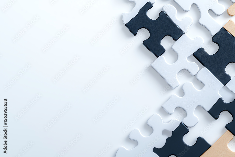 Poster collection of white and black puzzle pieces arranged on light background, creating sense of curiosit