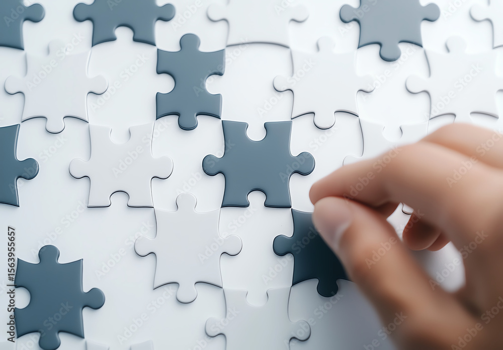 Poster hand is placing puzzle piece into larger puzzle made of gray and white pieces, symbolizing problem s
