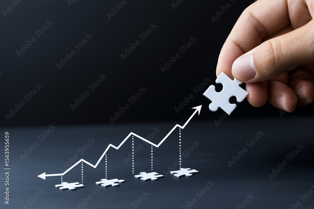 Poster hand placing puzzle piece onto graph, symbolizing growth and progress in business or strategy. image