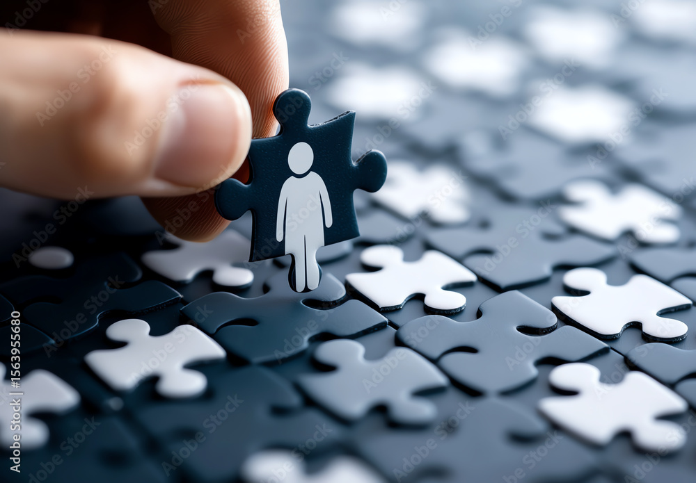 Poster hand is placing puzzle piece with human figure icon into larger puzzle made up of dark and light pie