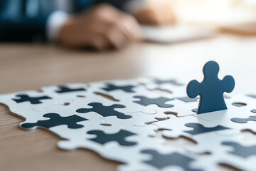 Blue puzzle piece stands out among white and black pieces on wooden table, symbolizing problem solving and creativity in professional setting. blurred background suggests focus and determination