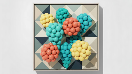 Colorful clustered spheres on a geometric tile pattern.
