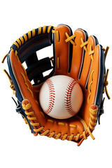 Baseball glove holding a baseball.
