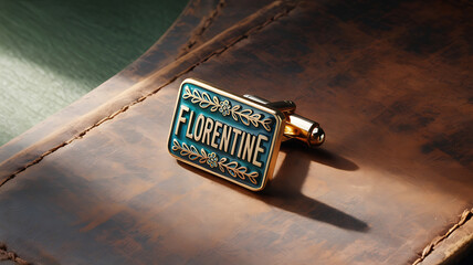 Rectangular cufflinks, teal and gold, with the name "Florentine" engraved.

