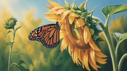 Monarch butterfly on a sunflower, vibrant colors.
