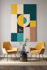 Geometric abstract art, vibrant colors, modern interior design.
