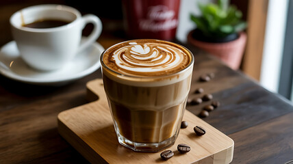 A glass of latte art on a wooden board.
