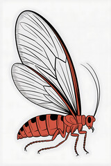 Ornate red insect with large, detailed wings.
