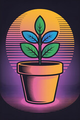 Colorful plant in a pot, retro style.
