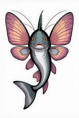 Fish with butterfly wings, whimsical design.
