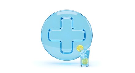 Obraz premium Isolated Blue Glossy 3D Plus Sign and Refreshing Drink for Health and Wellness Concept