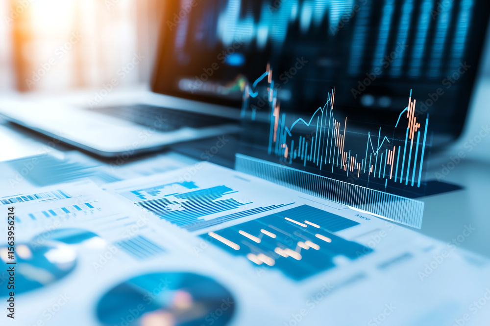 Poster close up of financial charts with graphs and tables, showcasing data analysis and trends. vibrant co