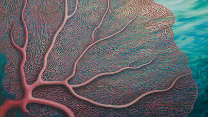 Delicate pink coral, intricate network, underwater beauty.
