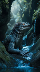 Massive, dark creature sits in a rocky stream. Ancient, mythical beast.
