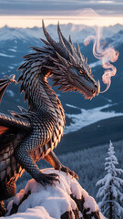 Majestic dragon atop snowy peak, overlooking winter landscape.
