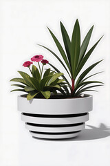 White planter with tiered design, holding pink flowers and greenery.
