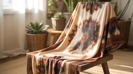 Cream-colored blanket with intricate floral patterns. Cozy, patterned throw.
