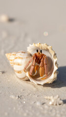 Small hermit crab in a seashell on the beach.
