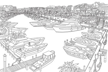 A harbor scene, yachts and boats docked.
