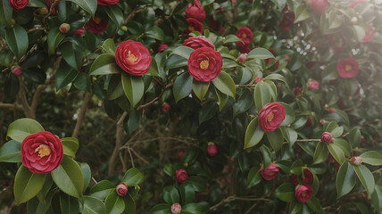 A vibrant display of red camellia blossoms.
