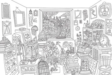 Crowded room, detailed black and white design. Intricate, cluttered space.
