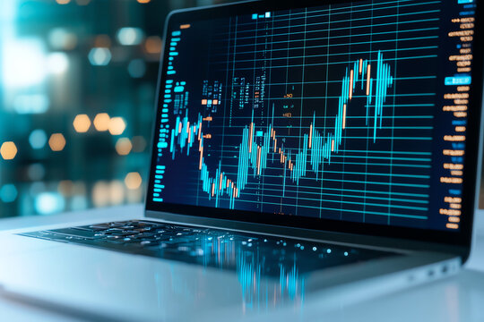 Close up of financial charts displayed on laptop screen, showcasing graphs and data analysis in modern setting. vibrant colors and intricate details convey sense of professionalism and technology - Powered by Adobe