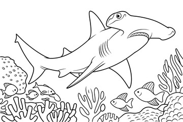 Hammerhead shark in coral reef environment.
