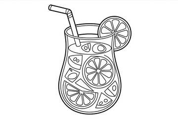 Refreshing glass of juice with citrus slices and ice.
