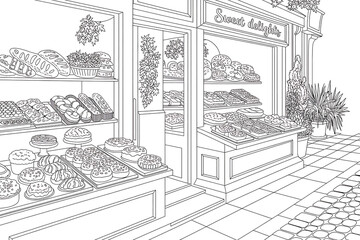 A charming bakery storefront, filled with pastries and breads.
