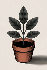 Dark leaves sprout from terracotta pot.
