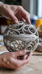 Hands hold a sculpted, intricate clay sphere.
