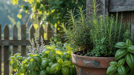 Potted herbs and spices by a wooden fence.

