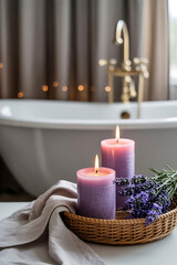 Two lavender candles on a wicker tray, beside a bath. Relaxing spa scene.
