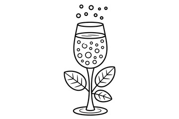 Champagne glass with bubbles, leaves, and a stem.
