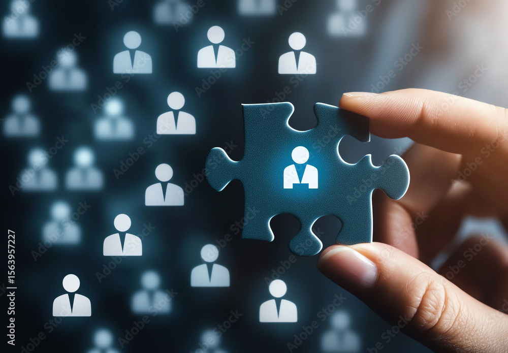 Poster hand holds jigsaw puzzle piece with blue human icon, symbolizing connection and teamwork. background