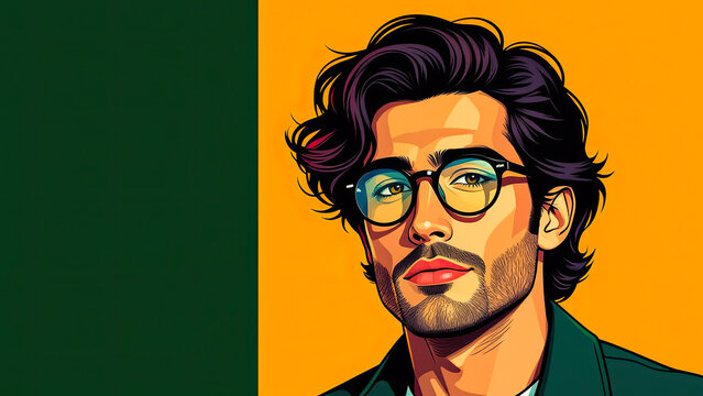 Portr&auml;t eines jungen Mannes mit Brille im modernen Pop-Art-Stil vor gelbem Hintergrund