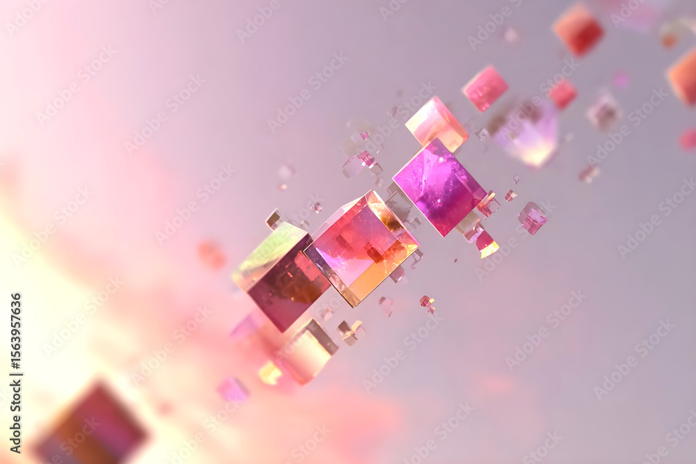 Poster abstract 3d illustration of floating translucent cubes in vibrant pink and purple hues against a sof
