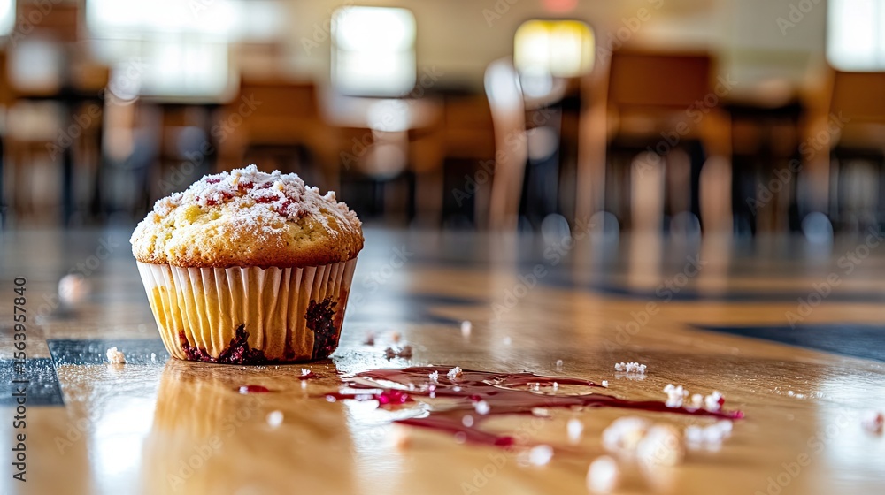 Poster muffin on classroom floor with zoomed-in view showing staph bacteria spreading on contact.
