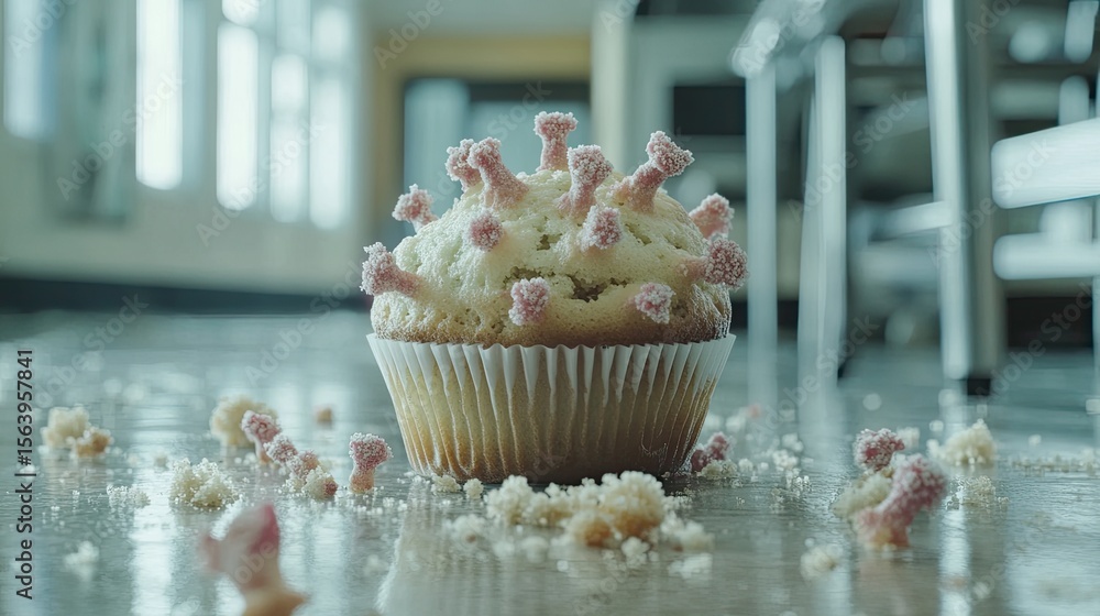 Aufkleber muffin on classroom floor with zoomed-in view showing staph bacteria spreading on contact.