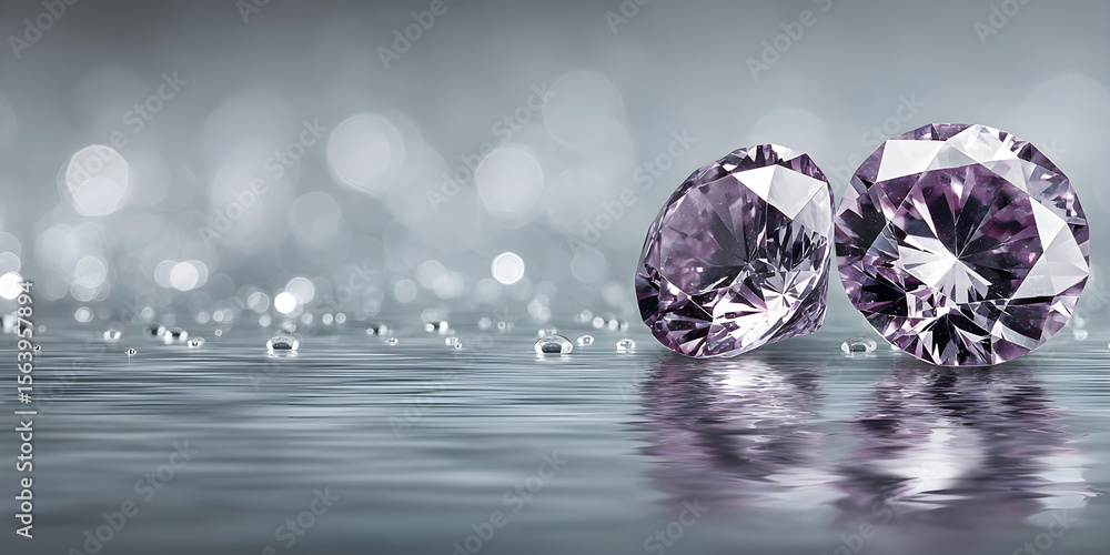 Poster two sparkling purple diamonds resting on a reflective surface, surrounded by soft bokeh lights, crea