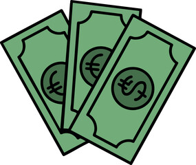 Money bills with euro and dollar currency symbols in green vector design for finance and payment concepts