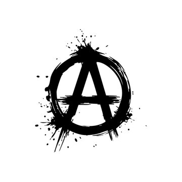Grungy vector logo of the anarchist symbol "A" inside a rough circle with paint splatter, representing rebellion, anti-authority, and underground movements.

