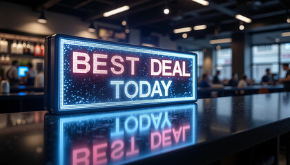 LED sign displaying Best Deal Today in modern cafe setting  