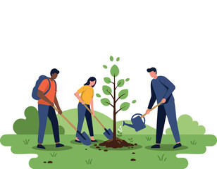 Tree planting activity with diverse group caring for young tree in green park environment vector illustration