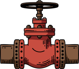 Industrial red water valve with brown pipes mechanical engineering and plumbing equipment vector illustration