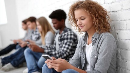 Fototapeta premium Group of diverse teens engaged with smartphones against brick wall.